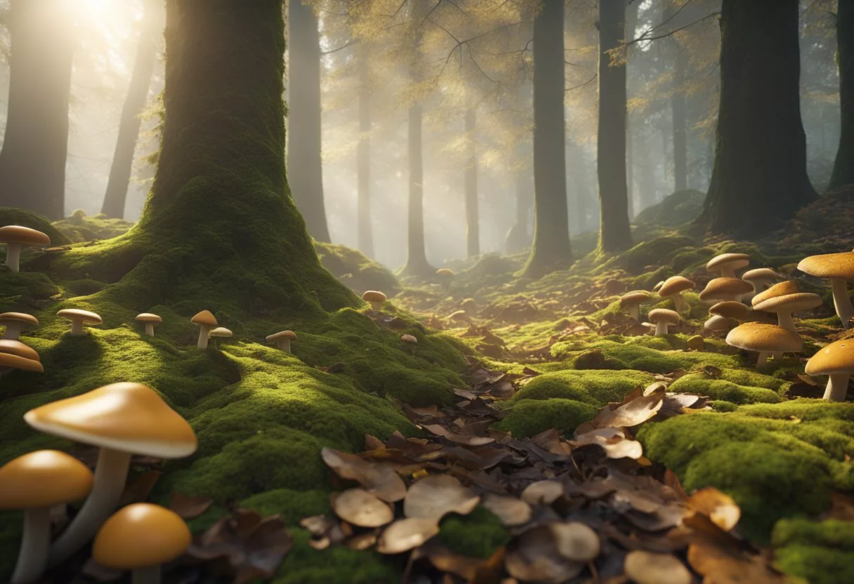 A forest floor with various types of mushrooms growing among the fallen leaves and moss, with sunlight filtering through the canopy above