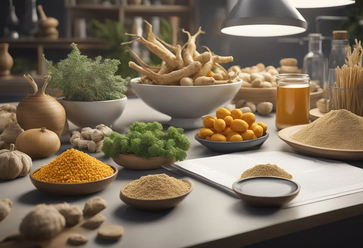 A variety of adaptogenic foods, such as ginseng, maca, and ashwagandha, are arranged on a table with scientific equipment and research papers in the background