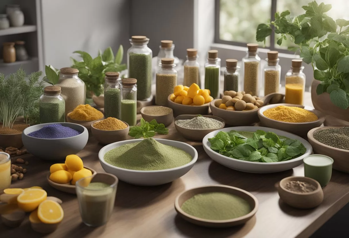 A table set with various adaptogenic foods and herbs, surrounded by bottles and jars of supplements and powders. A person is seen mixing a smoothie with these ingredients