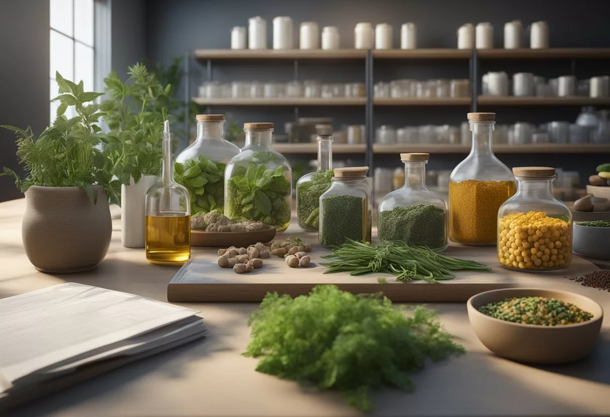 Various adaptogenic foods and herbs are displayed on a laboratory table, with research papers and scientific equipment in the background