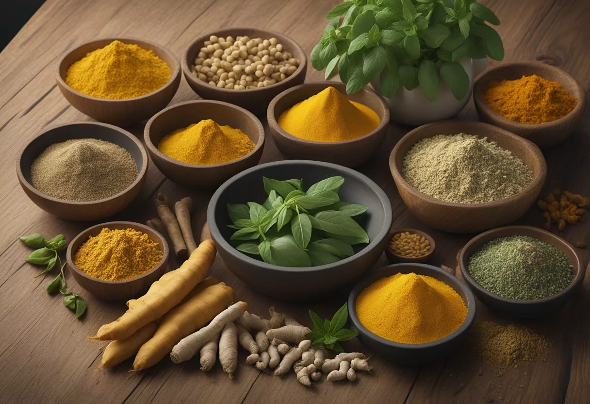 A variety of adaptogenic foods and herbs arranged on a wooden table, including ginseng, ashwagandha, holy basil, and turmeric