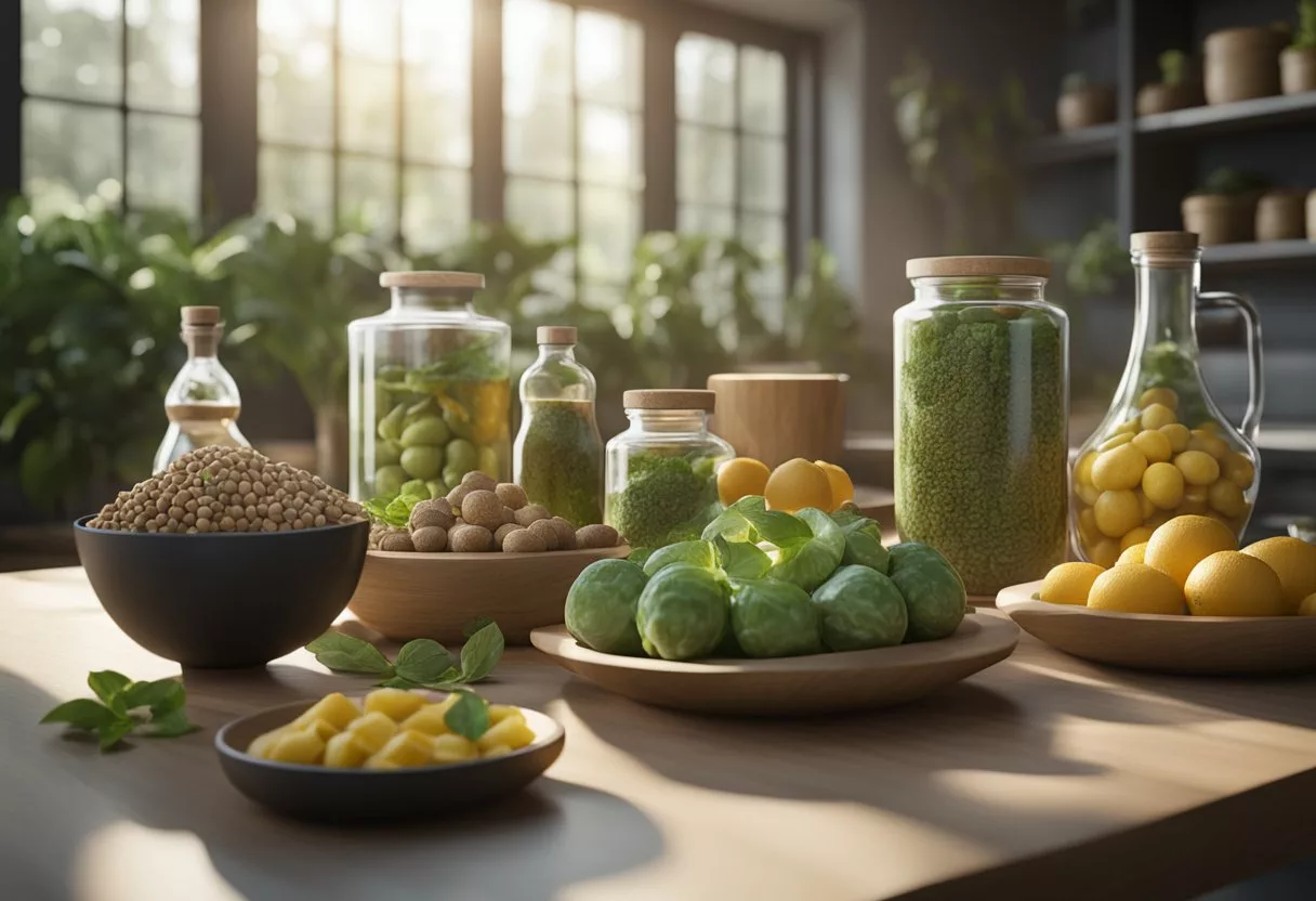 A variety of adaptogenic foods arranged on a table, with a focus on natural and organic ingredients. The scene exudes a sense of wellness and mindfulness