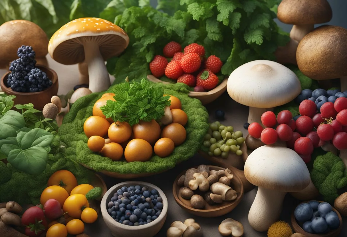 A variety of adaptogenic foods arranged in a colorful display, including mushrooms, berries, herbs, and roots, surrounded by vibrant green leaves and natural elements