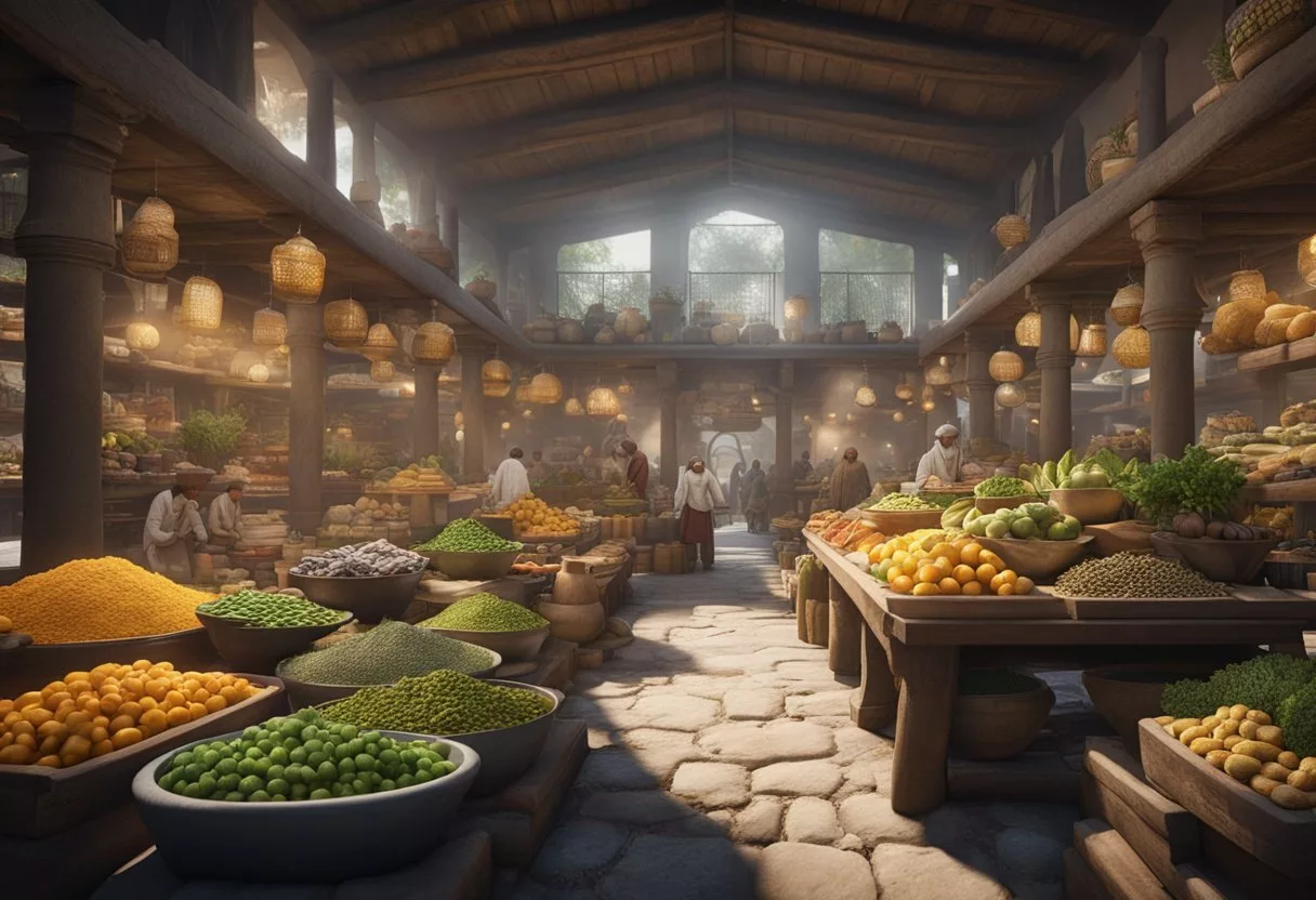 An ancient marketplace with diverse, exotic foods and herbs from different cultures, surrounded by traders and merchants exchanging goods