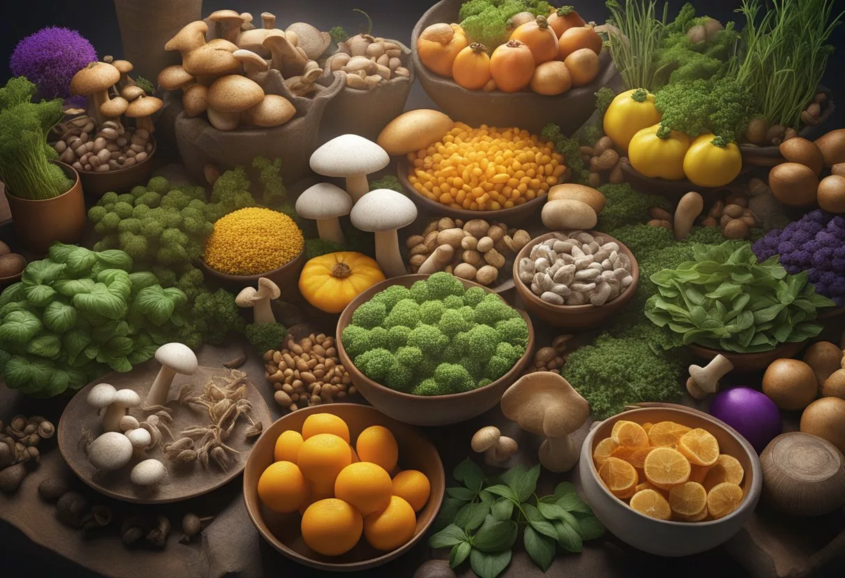 A variety of adaptogenic foods arranged in a colorful and vibrant display, including herbs, roots, and mushrooms, with a radiant glow emanating from them