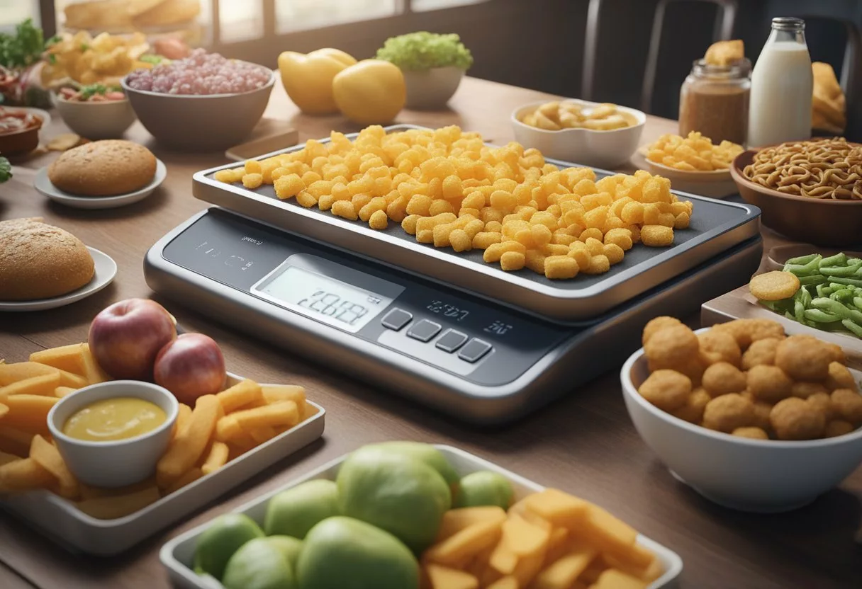 A scale tipping heavily to one side, surrounded by unhealthy food and a sedentary lifestyle