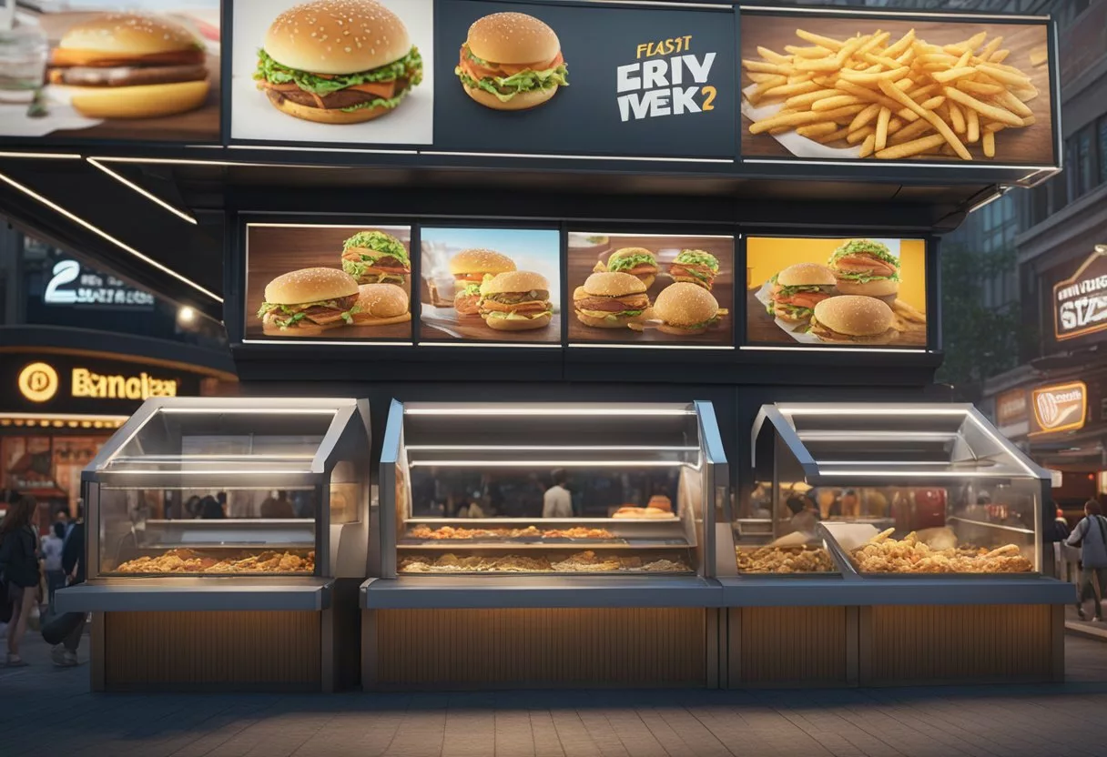 A crowded fast-food restaurant with overflowing trash bins outside, surrounded by billboards advertising unhealthy food choices