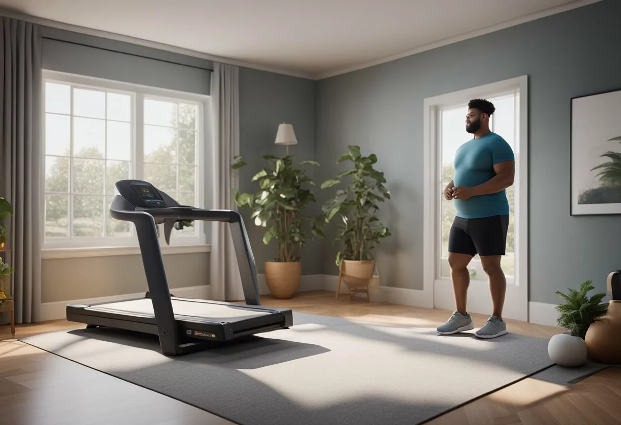 A scale with an overweight figure standing on one side, while a healthy lifestyle and exercise equipment on the other side