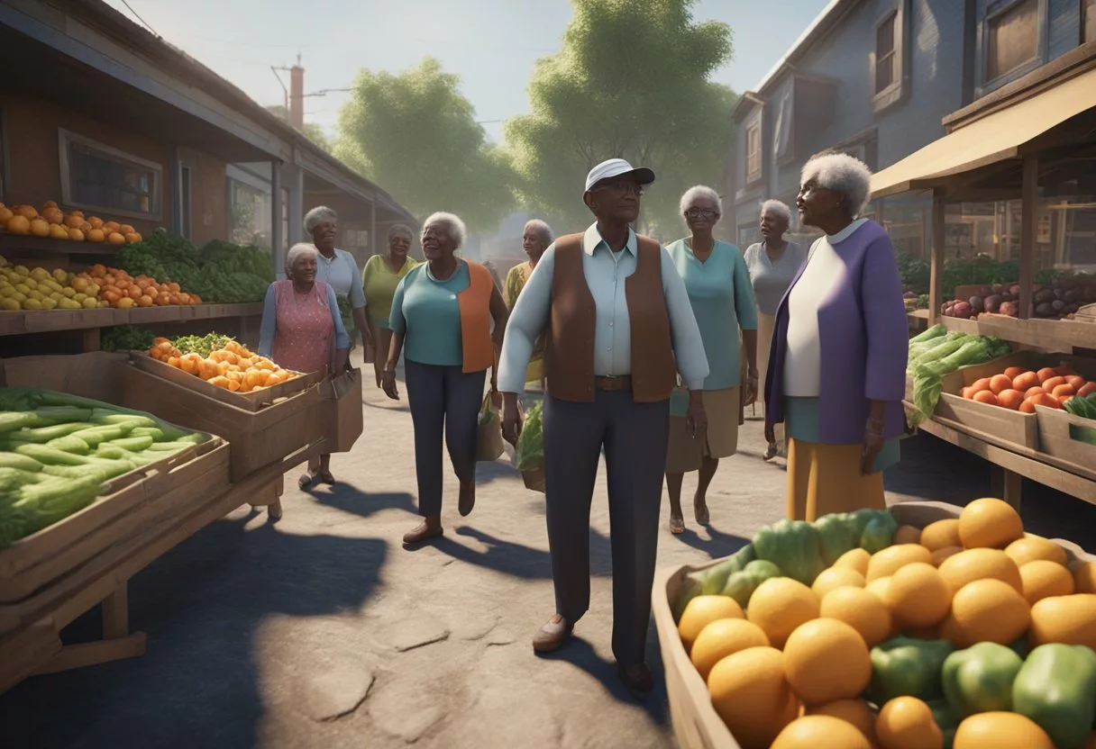 A group of elderly individuals in a low-income community, surrounded by limited access to fresh produce and nutritious food options