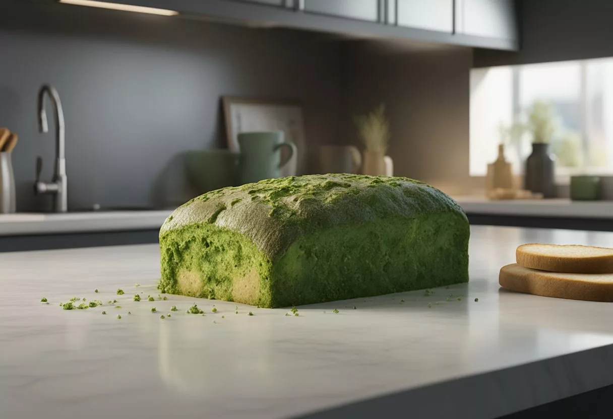 A piece of bread covered in green mold sits on a kitchen counter. A question mark hovers above it