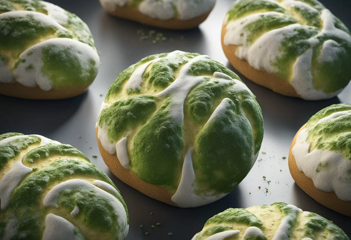 A loaf of bread covered in green and white mold, with visible spores and a musty smell emanating from it