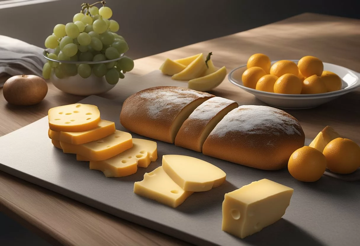 A plate of bread, cheese, and fruit sits on a table. Mold grows on the bread, cheese, and fruit, indicating the potential health risks of consuming mold-contaminated foods