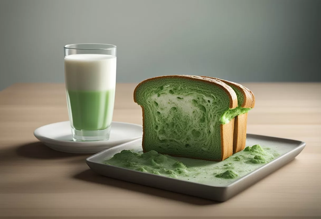 A piece of bread covered in green and white mold sits on a plate. Nearby, a glass of milk shows signs of mold growth