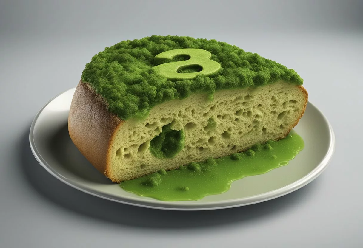 A piece of bread covered in green mold sits on a plate, with a question mark hovering above it