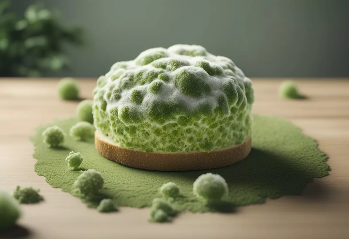 A piece of bread covered in green and white fuzzy mold, with a magnifying glass examining the spores and growth patterns