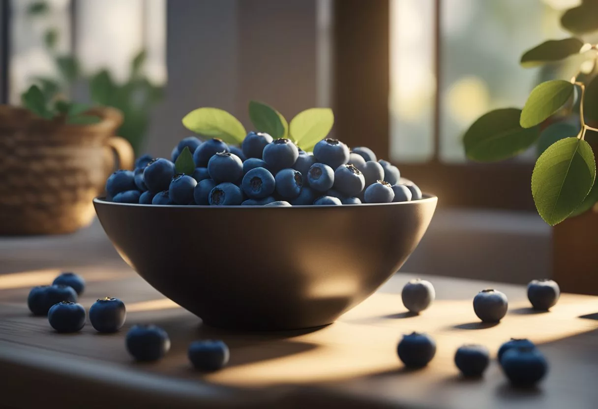 A bowl of fresh blueberries sits on a wooden table, surrounded by scattered berries and a few leaves. Sunlight streams through a nearby window, casting a warm glow on the fruit