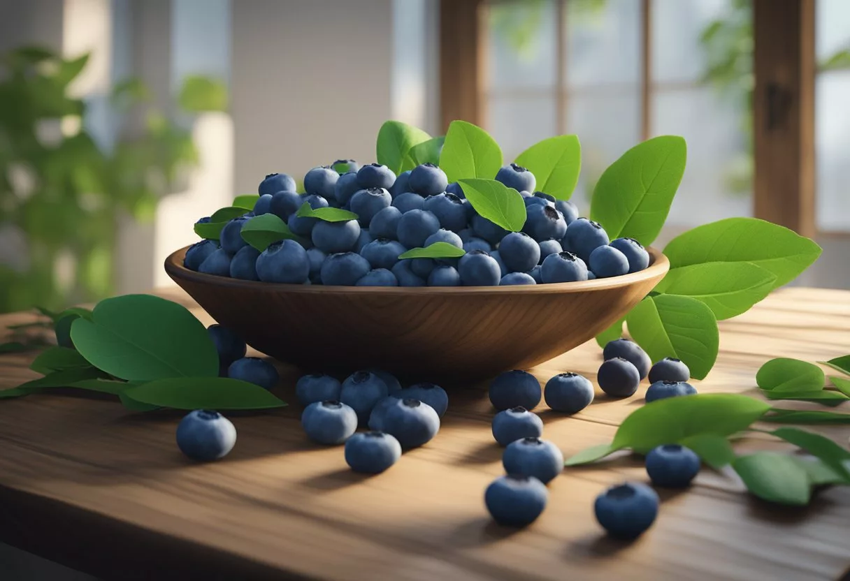 A bowl of fresh blueberries surrounded by vibrant green leaves and a few scattered blueberries on a wooden table