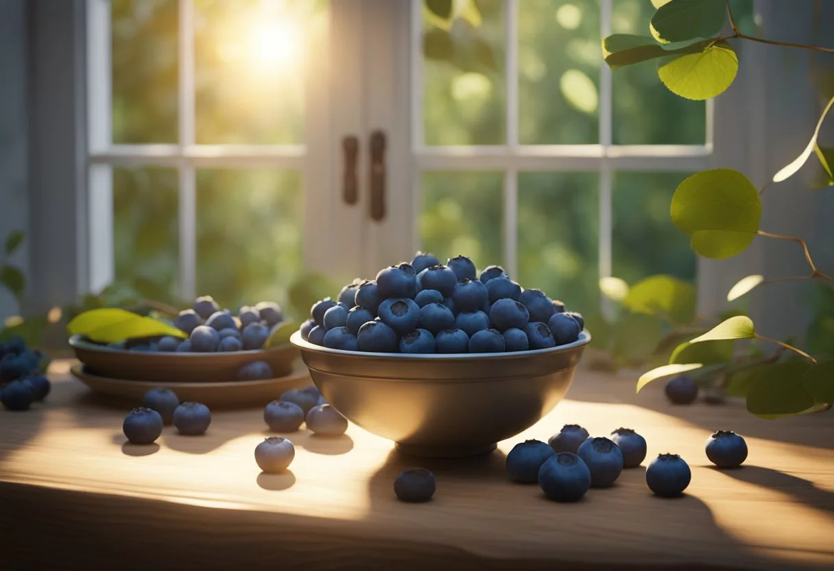 A bowl of fresh blueberries sits on a wooden table, surrounded by scattered leaves and vines. Rays of sunlight filter through the window, casting a warm glow on the vibrant berries