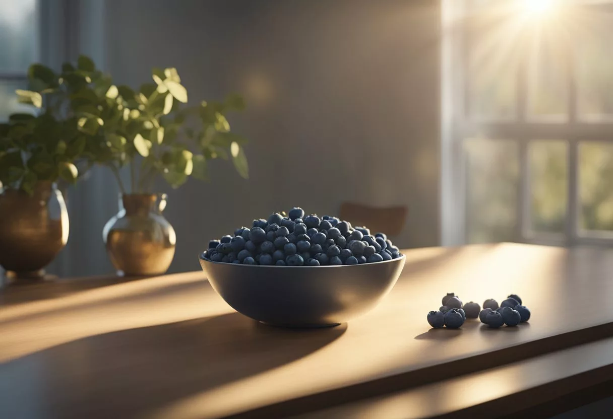 A bowl of blueberries sits on a table, surrounded by scattered berries. Rays of sunlight filter through a window, casting a warm glow on the fruit