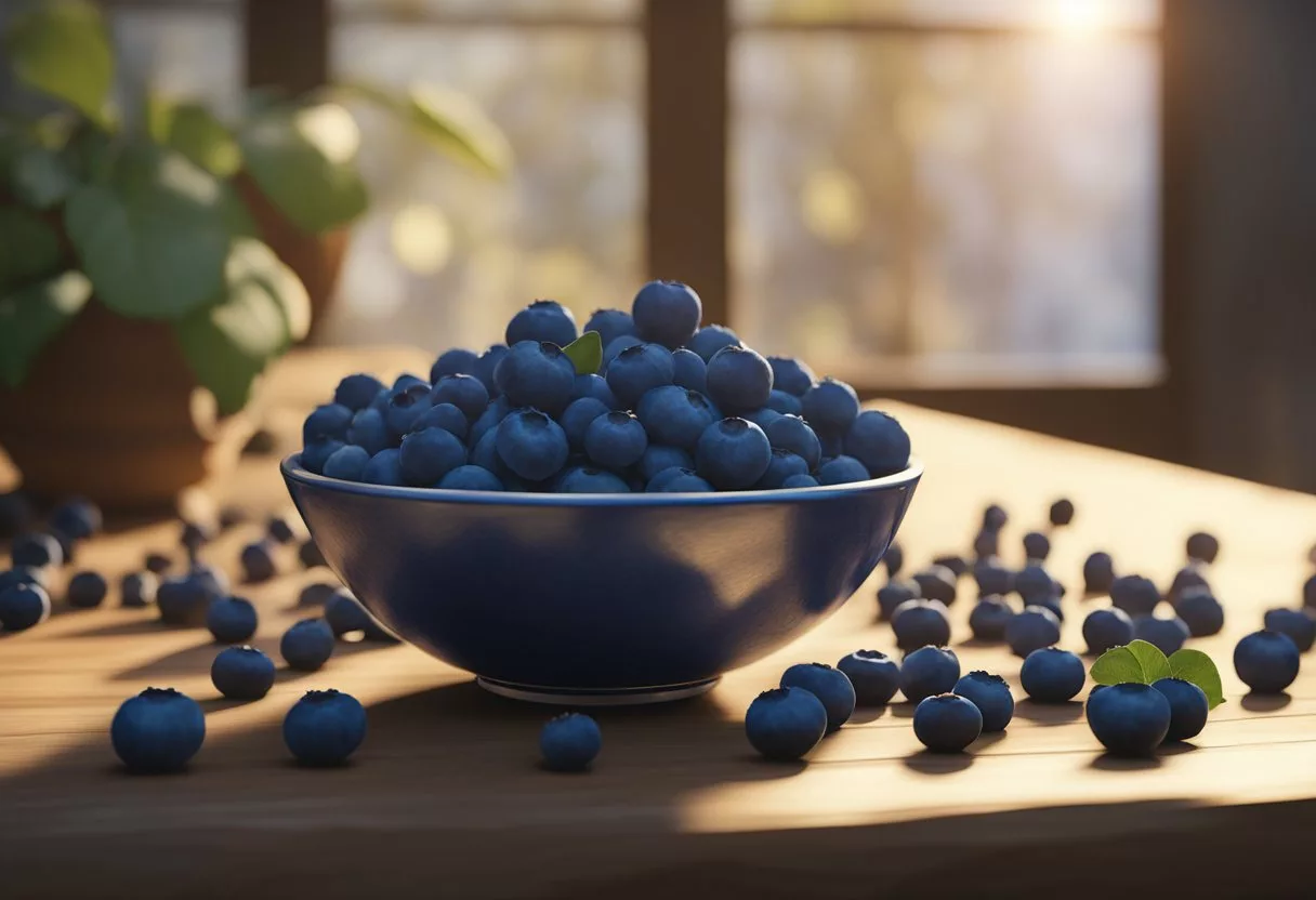 A bowl of fresh blueberries sits on a wooden table, surrounded by scattered berries. A beam of sunlight highlights their rich, deep blue color