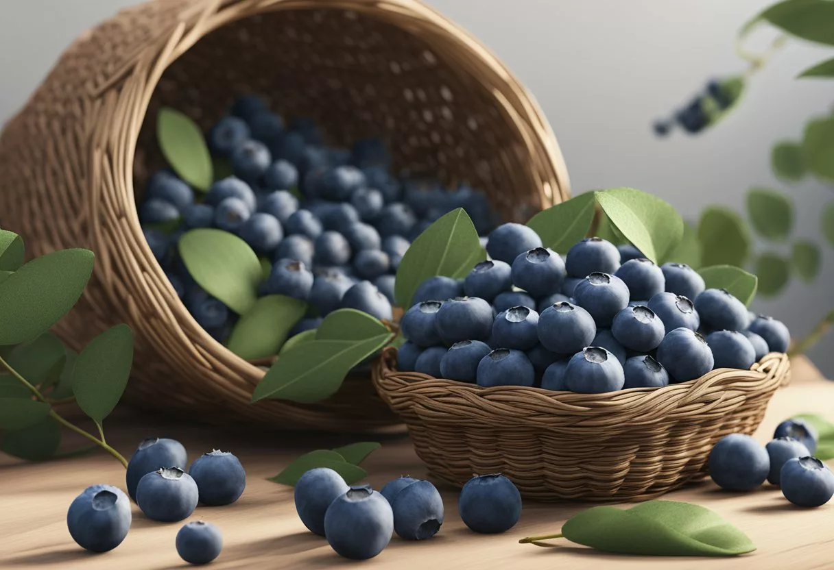 A pile of fresh blueberries spills out of a rustic woven basket, surrounded by scattered leaves and vines. A nutrition label with the words "Nutritional Profile of Blueberries" is prominently displayed