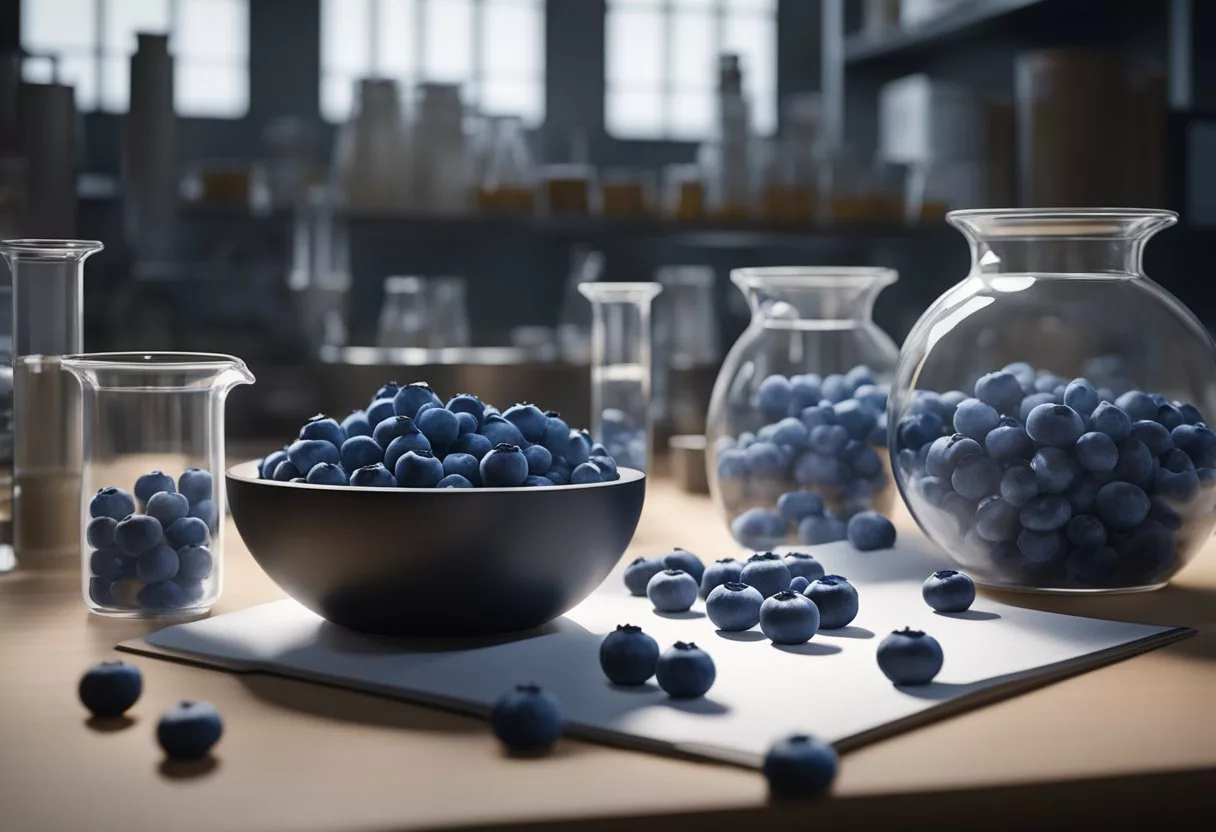 A pile of fresh blueberries sits on a laboratory table, surrounded by beakers and test tubes. A scientist's notebook is open, filled with data and observations