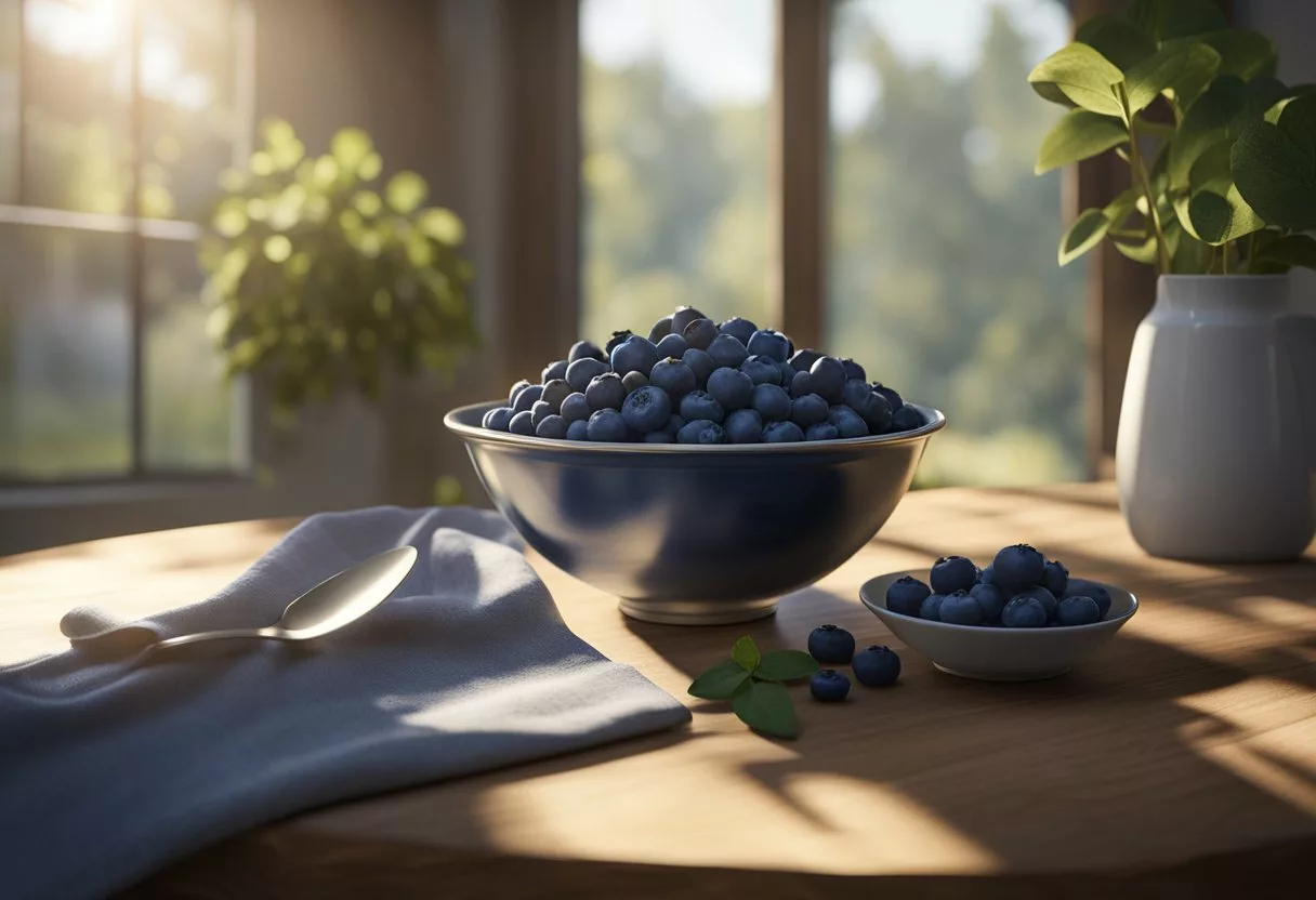 A bowl of fresh blueberries sits on a wooden table, with a spoon and napkin nearby. Sunlight streams through a nearby window, casting a warm glow on the scene