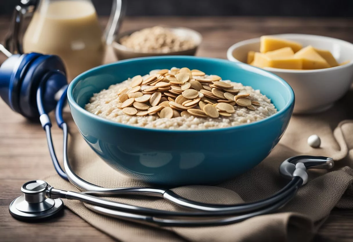 A bowl of oatmeal sits on a table, surrounded by various health-related items such as a stethoscope, blood pressure cuff, and a scale