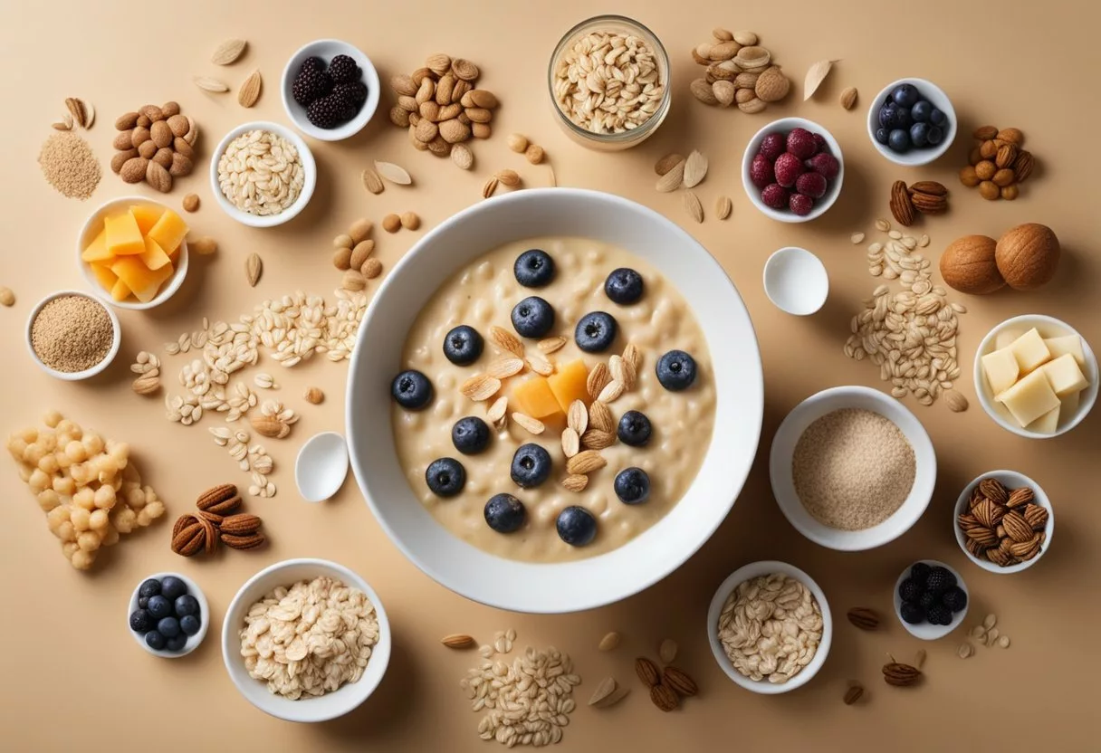 A bowl of oatmeal surrounded by various food items and a body silhouette with arrows pointing to different organs