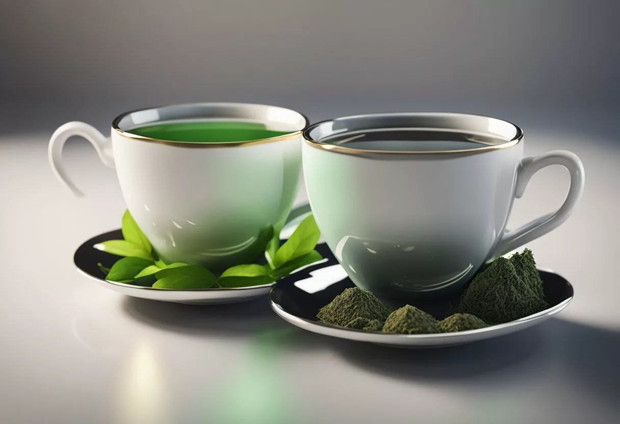 Three tea cups with black, green, and white tea. A scale comparing their health benefits