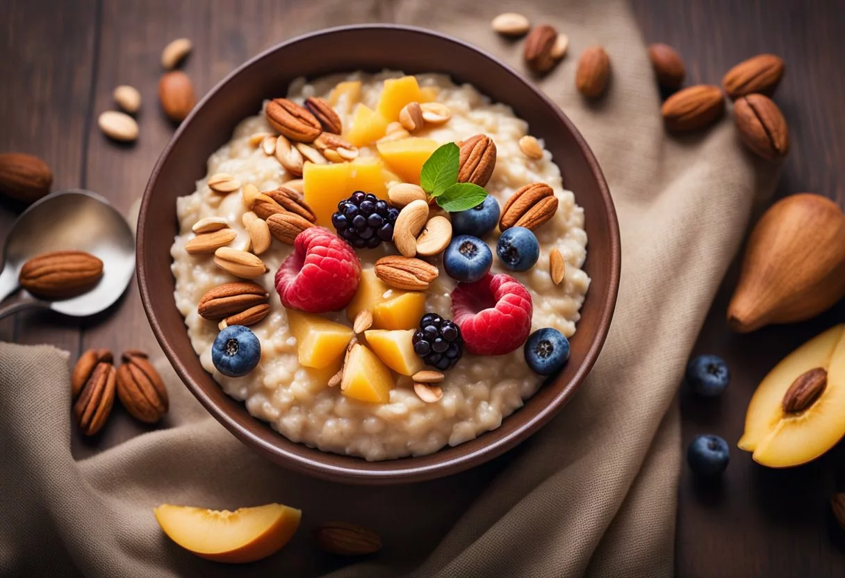 A bowl of oatmeal surrounded by vibrant fruits and nuts, with a radiant glow emanating from it, symbolizing the positive impact on overall health