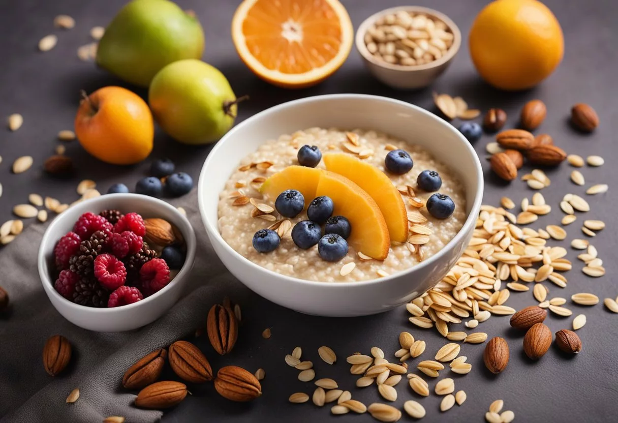 A bowl of oatmeal surrounded by various fruits, nuts, and seeds. A healthy body with a glowing aura emanating from it