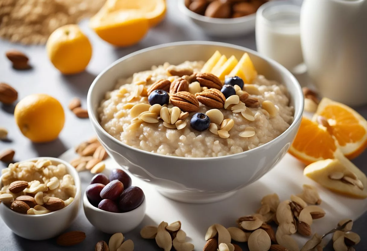 A bowl of oatmeal surrounded by various fruits and nuts, with a beam of light shining down on it, symbolizing the positive effects on the body from incorporating oatmeal into your daily diet