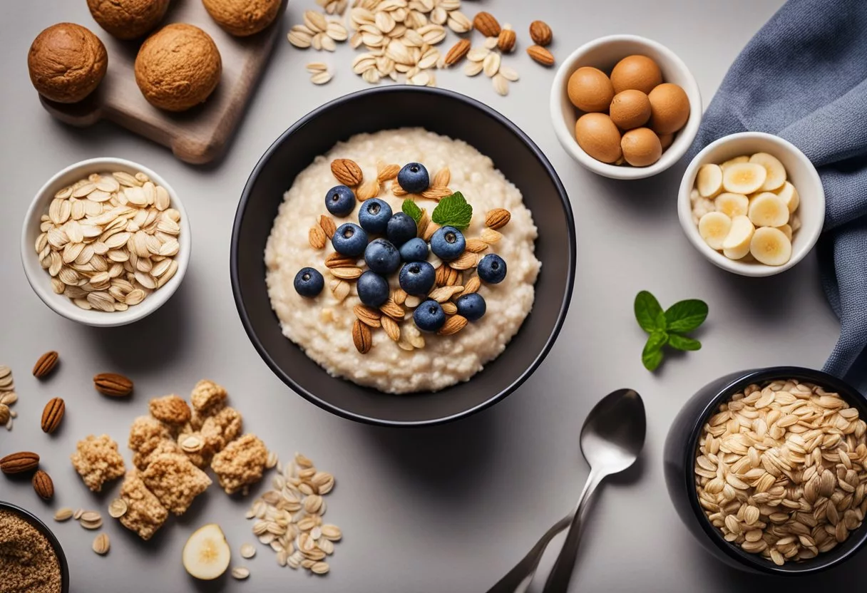 A bowl of oatmeal surrounded by various food items, with a spotlight on the oatmeal to emphasize its importance in the daily diet