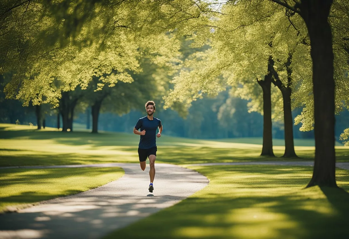 A person running through a park, surrounded by trees and fresh air, with a clear blue sky overhead