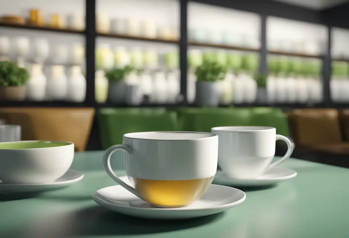 Three cups of tea arranged in a row, labeled "black tea," "green tea," and "white tea." Each cup is surrounded by ingredients and symbols representing their respective nutritional content and health benefits