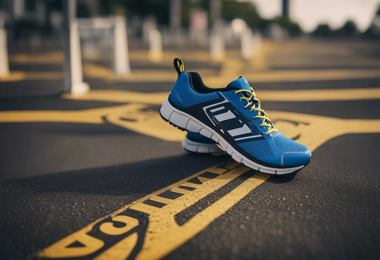 A pair of running shoes on a path, surrounded by caution signs and warning symbols