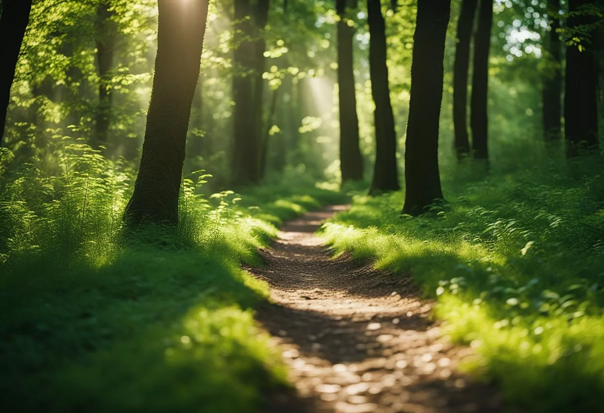 A trail of footprints crisscrossing through a lush green forest, disappearing into the distance. Sunlight filters through the trees, casting dappled shadows on the ground