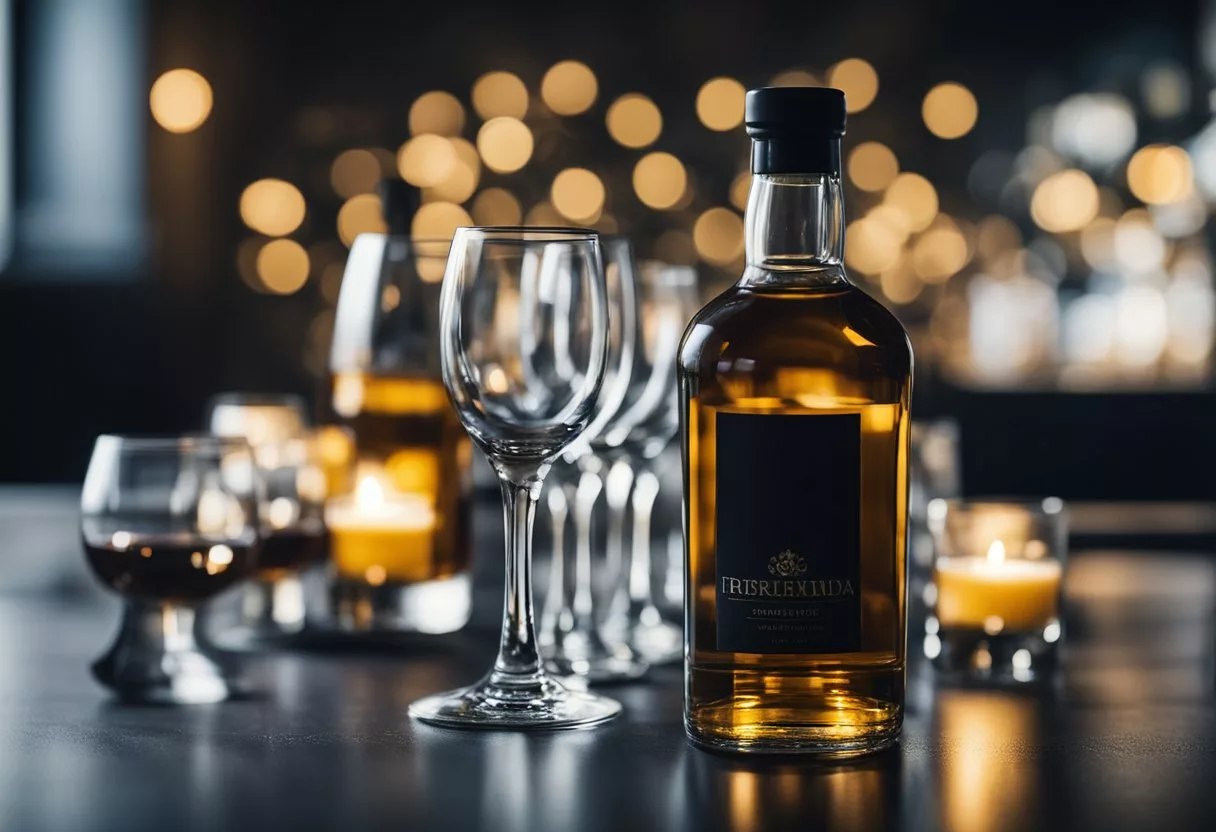 A bottle of alcohol sits on a table, empty glasses scattered around. A cloud of darkness hovers over, symbolizing the negative effects on mental and emotional health