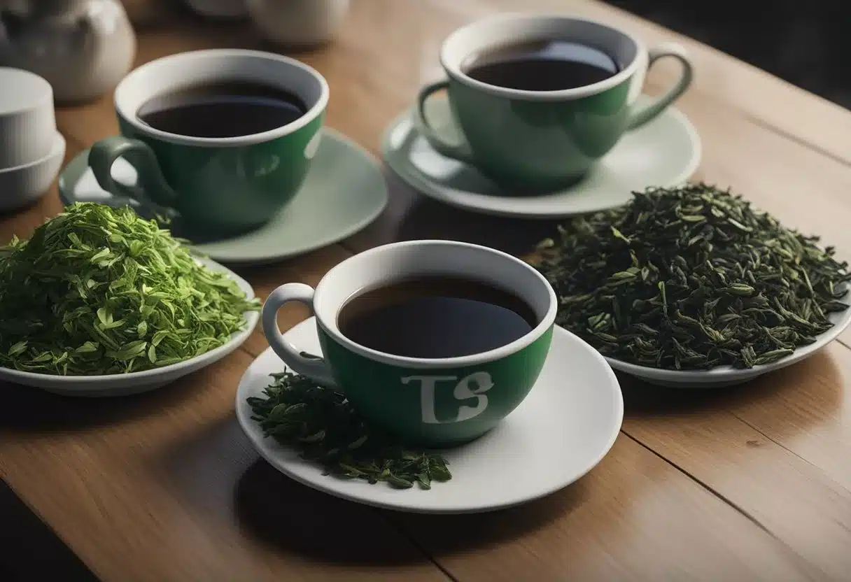 A table with three cups of tea: black, green, and white. Each cup is labeled with its respective tea type. A pile of tea leaves sits next to the cups