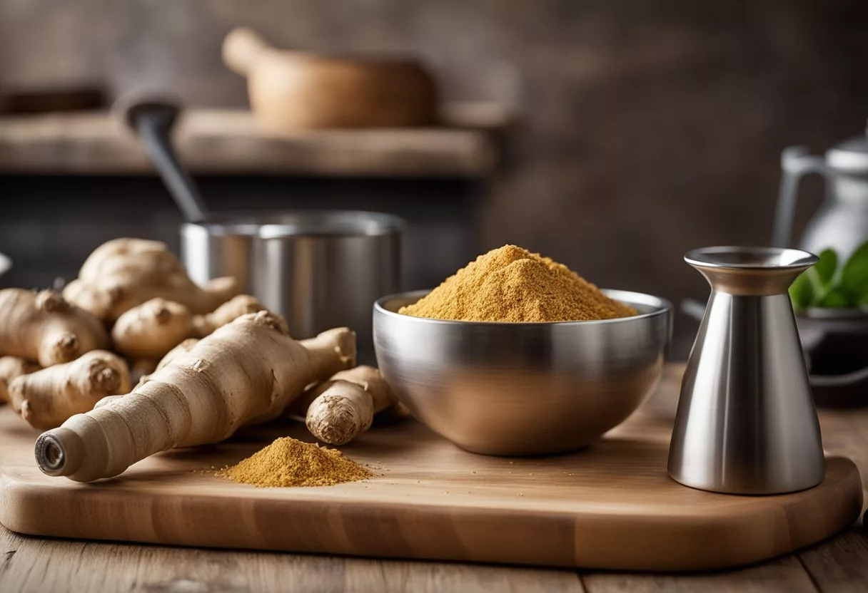 A ginger root sits on a cutting board, surrounded by a mortar and pestle, a tea infuser, and a cup of hot water. A caution sign is displayed nearby