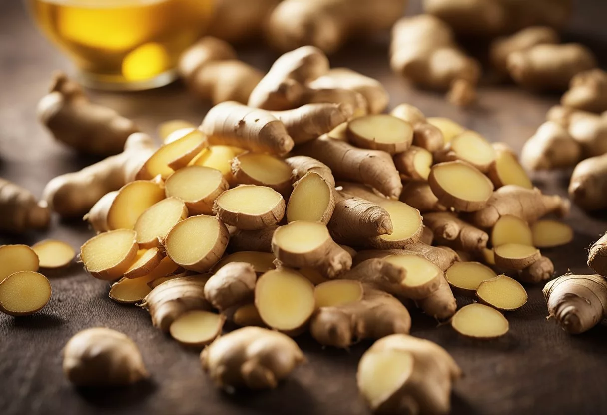 A pile of fresh ginger roots surrounded by various nutrient labels, with a glowing body silhouette in the background symbolizing health benefits