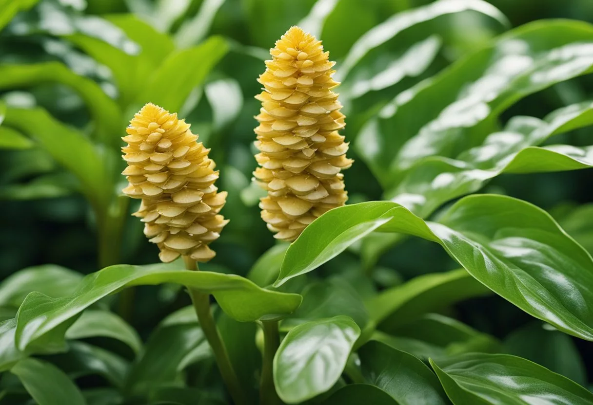 Ginger plant surrounded by vibrant, healthy cells, warding off pathogens and boosting immune system