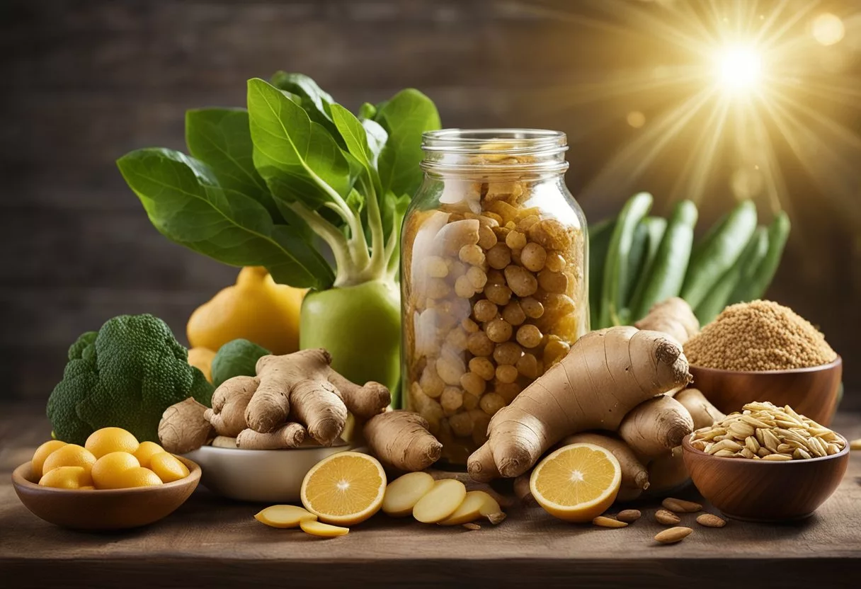 A ginger root surrounded by various healthy foods, with rays of light shining down on it, illustrating the positive effects on the body when consumed daily