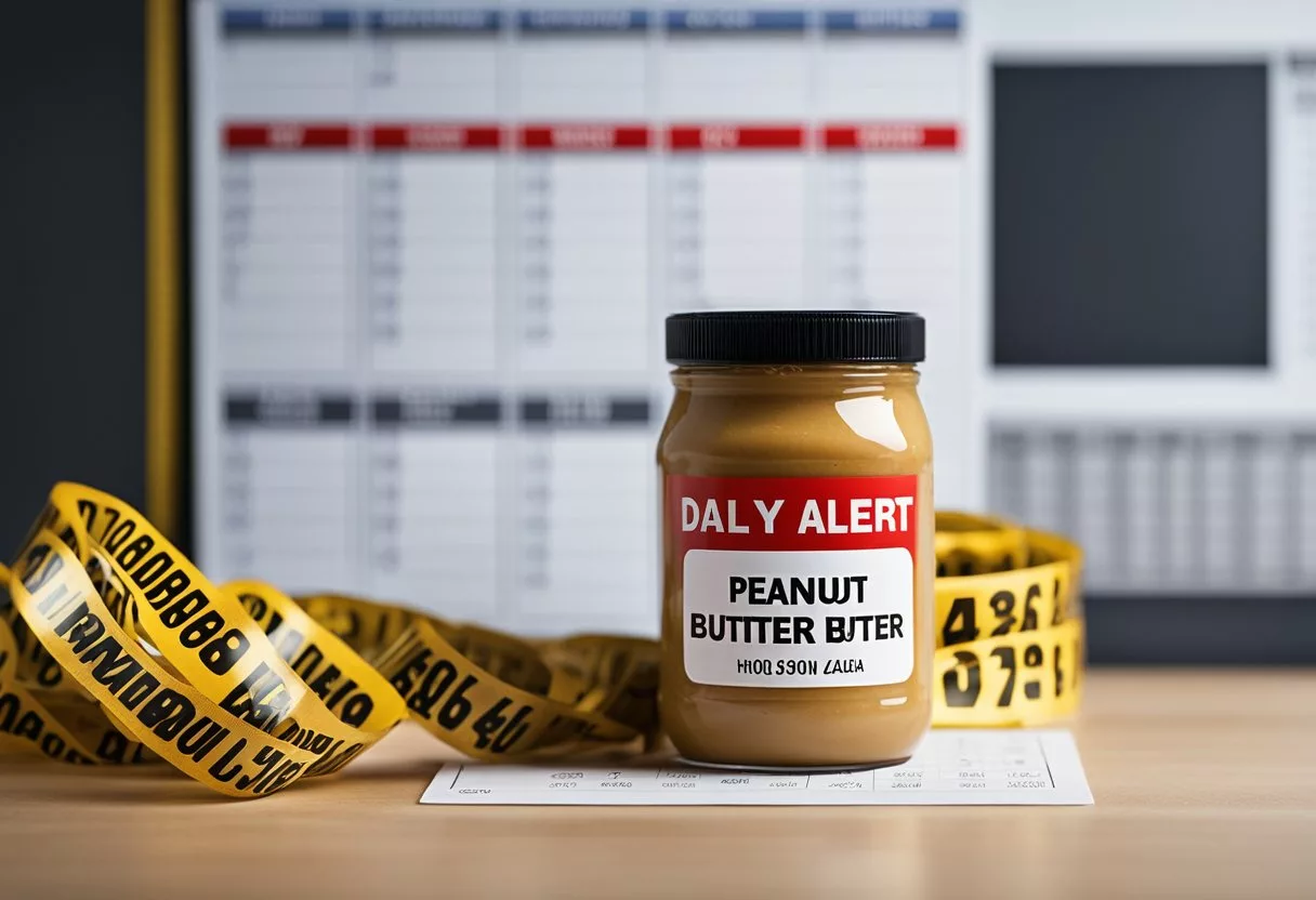 A jar of peanut butter sits next to a daily calendar, surrounded by warning signs and caution tape. A red alert symbol hovers above, indicating potential risks