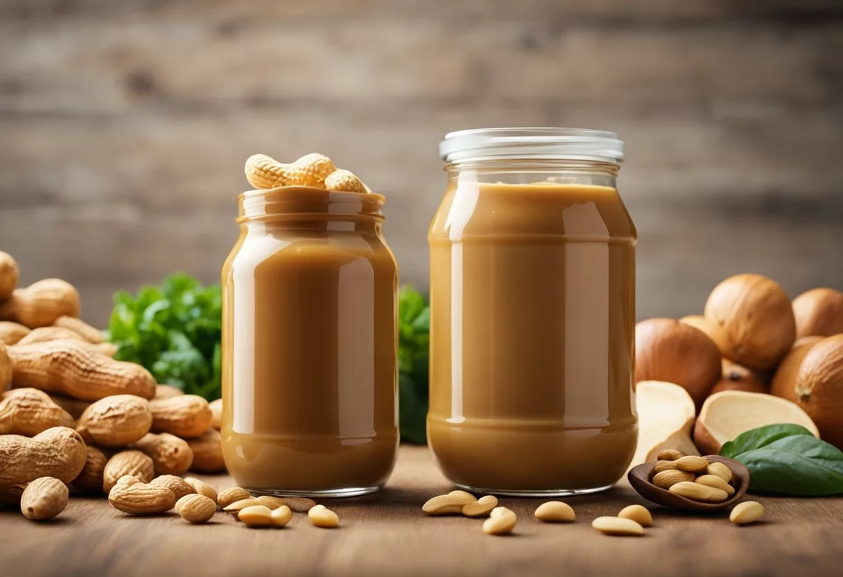 A jar of peanut butter surrounded by various healthy foods. A glowing body radiating energy and vitality