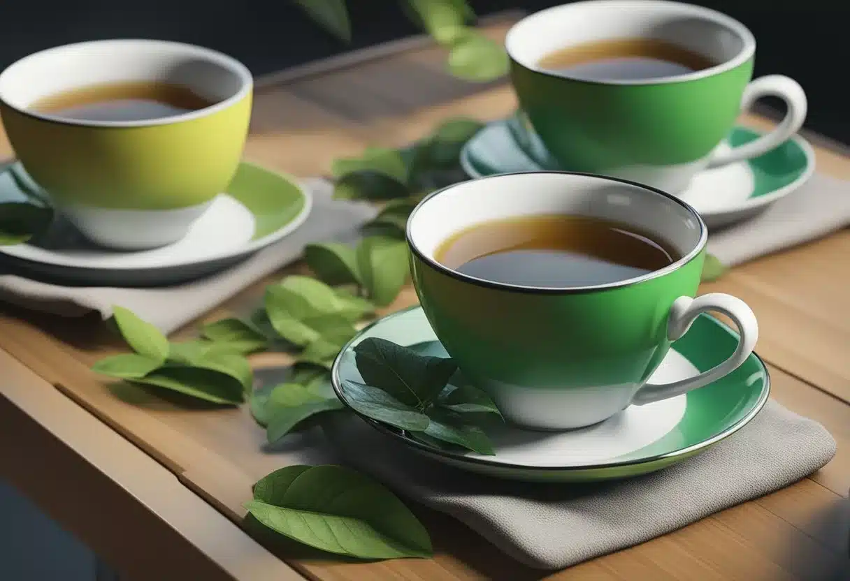 A table with three cups of tea, labeled black, green, and white. Each cup emits a different color and aroma, surrounded by scattered tea leaves