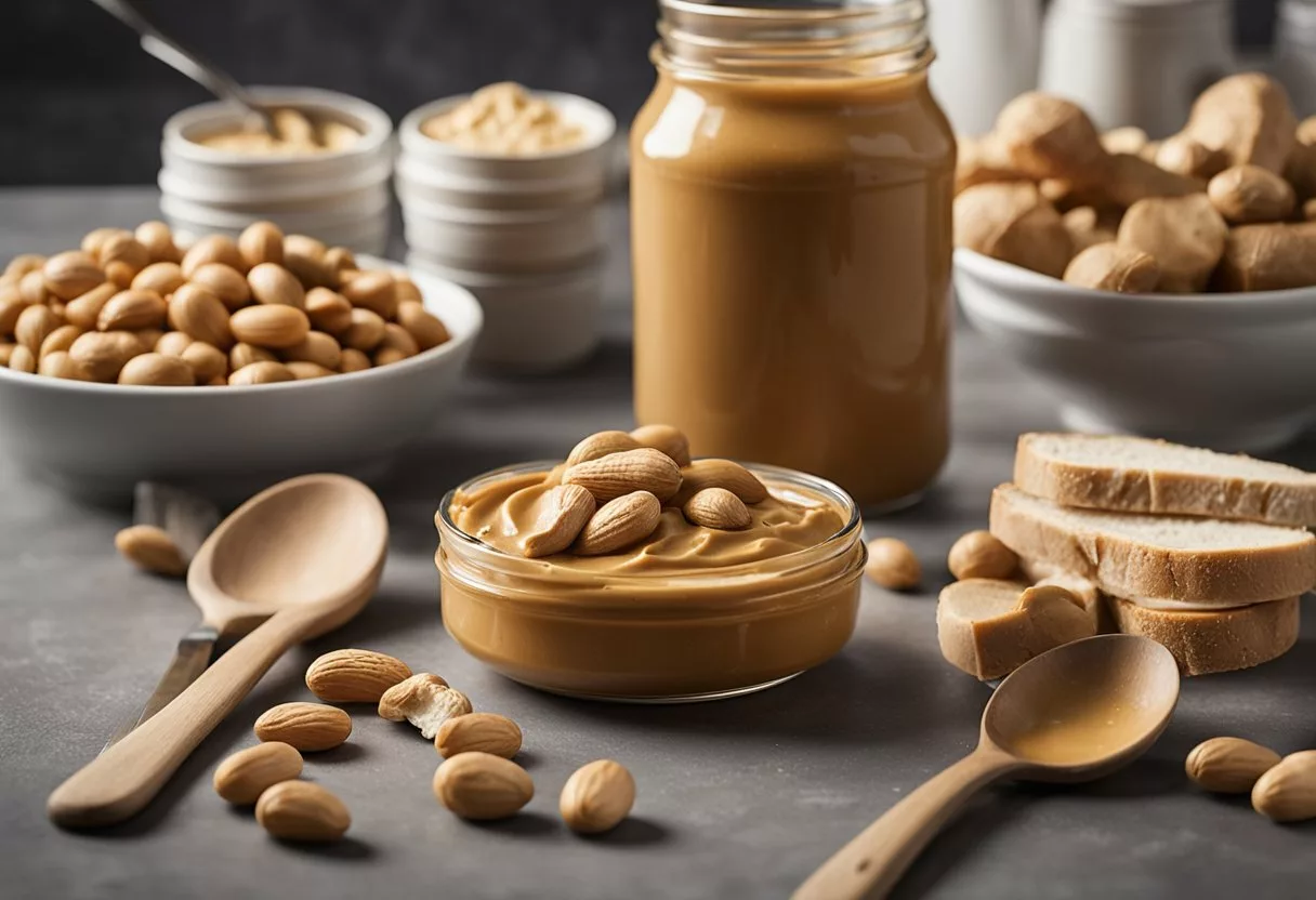 A jar of peanut butter surrounded by empty spoons, a measuring cup, and a stack of bread. A person's daily routine is depicted through the accumulation of peanut butter consumption items