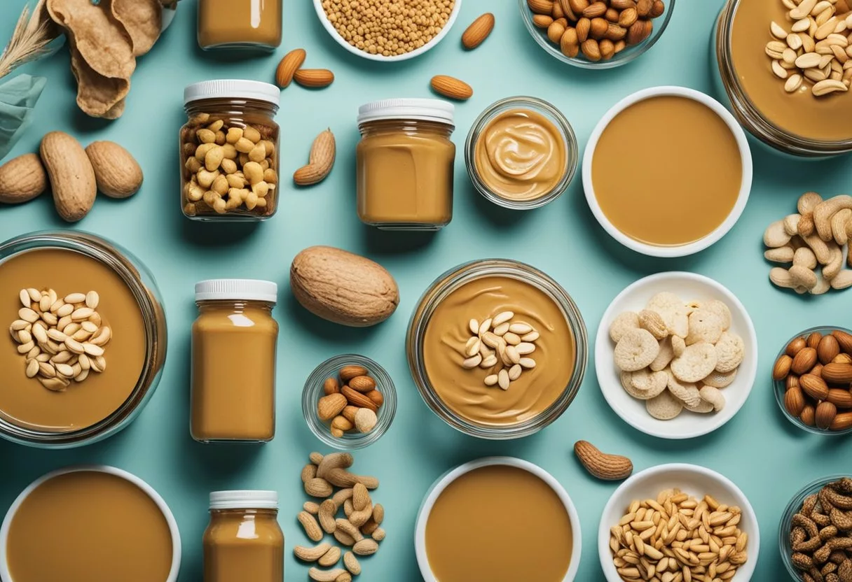 A jar of peanut butter surrounded by various foods