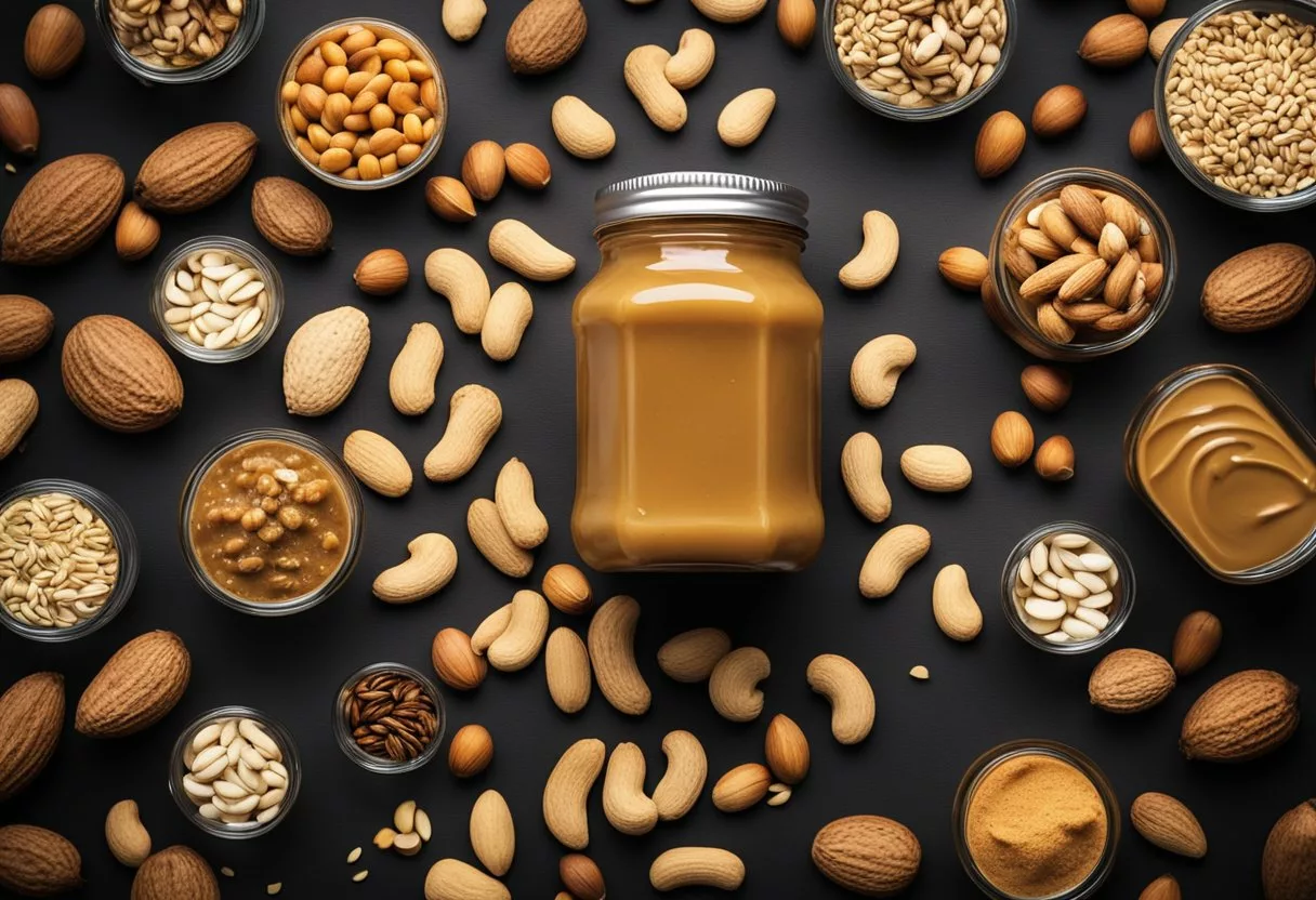 A jar of peanut butter surrounded by various nuts and seeds, with a glowing aura emanating from it, symbolizing the health benefits of regular consumption